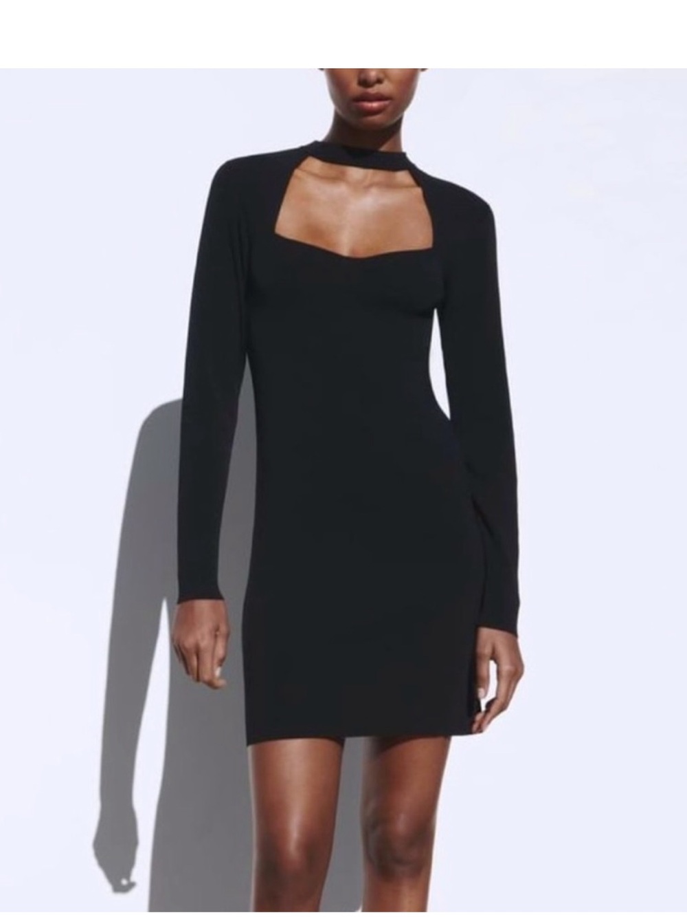 Zara Black Long-Sleeve Knit Mini Dress with Cutout Neckline